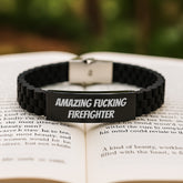 Firefighter Birthday Unique Gifts from Friends - Amazing Funny Quote Glide lock Clasp Bracelet, Adjustable Black Stainless Steel Silicone, Perfect for Men Women Coworkers Family - Image 2